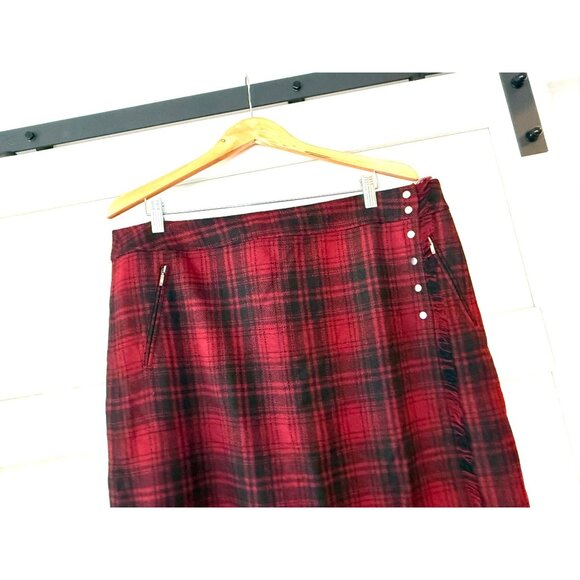 Eddie Bauer Skirt Womens 18 Red Wool Plaid Maxi Fringed Blanket Wrap Preppy Acad - Picture 2 of 7
